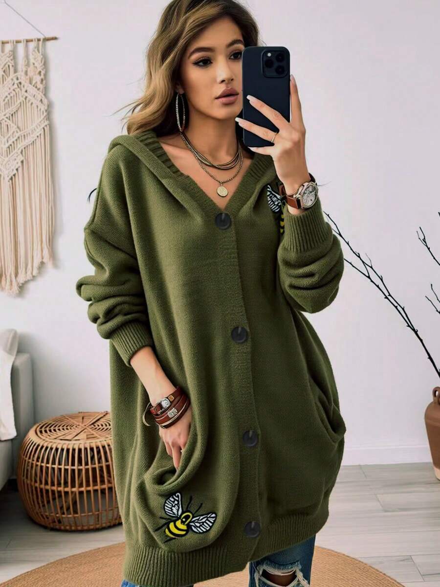 Plus Size Women Army Green Hooded Cardigan Bee Embroidery Knit Sweater Button Front Loose Coat Autumn Winter Cottagecore Fall - Army Green - View 1