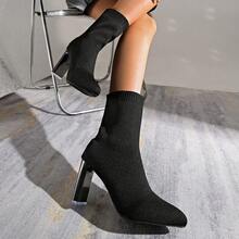 Women's Solid Color Fashion Woven Chunky Heel Ankle Boots For Outdoor And Indoor Wear In Autumn/Winter - Black - View 7