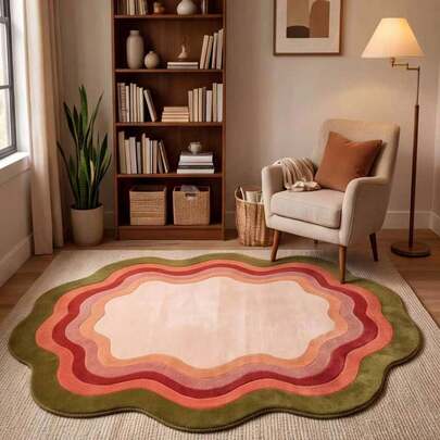 1pc Washable Non-Slip Wavy Edge Asymmetrical Faux Cashmere Decorative Carpet, Non-Slip Bottom, Wear-Resistant, Easy To Clean, Vintage American, Southeast Asian, Mid-Century Modern Style, Suitable For Living Room, Bedroom, Bedside, Entryway And Other Living Spaces, Carpet, Rug, Living Room Rug, Bedroom Carpet, Velvet Rug, Halloween Rug, Black Cat Rug, Cat Shaped Mat, Aesthetic Room Decor, Rugs For Living Room, Goth Decor, Washable Rug