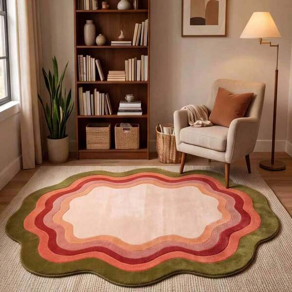 1pc Washable Non-Slip Wavy Edge Asymmetrical Faux Cashmere Decorative Carpet, Non-Slip Bottom, Wear-Resistant, Easy To Clean, Vintage American, Southeast Asian, Mid-Century Modern Style, Suitable For Living Room, Bedroom, Bedside, Entryway And Other Living Spaces, Carpet, Rug, Living Room Rug, Bedroom Carpet, Velvet Rug, Halloween Rug, Black Cat Rug, Cat Shaped Mat, Aesthetic Room Decor, Rugs For Living Room, Goth Decor, Washable Rug