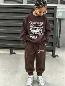 American Street Casual Boys' Racing Graphic Print Sweatshirt And Sweatpants 2-Piece Set, Suitable For Spring/Autumn, School, Shopping, Sports And Other Occasions - Brown - View 1