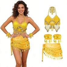 1 Set Handmade Sequin Beaded Tassel Camisole Bra With Multicolor Metallic Fabric Glitter Sequin Waist Belt Skirt Belly Dance Costume Stage Carnival Performance Outfit. Suitable For Party, Beach, Bohemian Vintage Style. - Multicolor - View 8