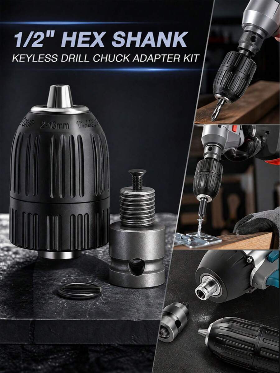 1/2" 六角柄自鎖式免鑰匙鑽頭夾頭轉換器套組，2-13mm 快換鑽頭接頭，適用於衝擊扳手、DIY 手鑽電動工具配件
