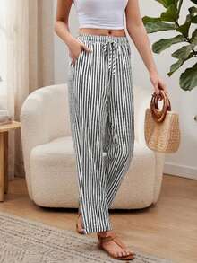 Plus Size Women's Striped Drawstring Waist Pocket Casual Pants - Black - View 2