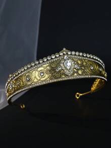1pc Baroque Gold Rhinestone Tiara Crown Vintage Crystal Queen Headband Bridal Wedding Prom Evening Party Hair Jewelry - Gold - View 7