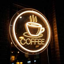 Round Coffee Cup LED Neon Sign USB Wall Hanging Ambient Light, Coffee Shop Milk Tea Shop Background Wall Decor Light, Home Cafe Glowing Decorative Night Light - Solid Color - View 3