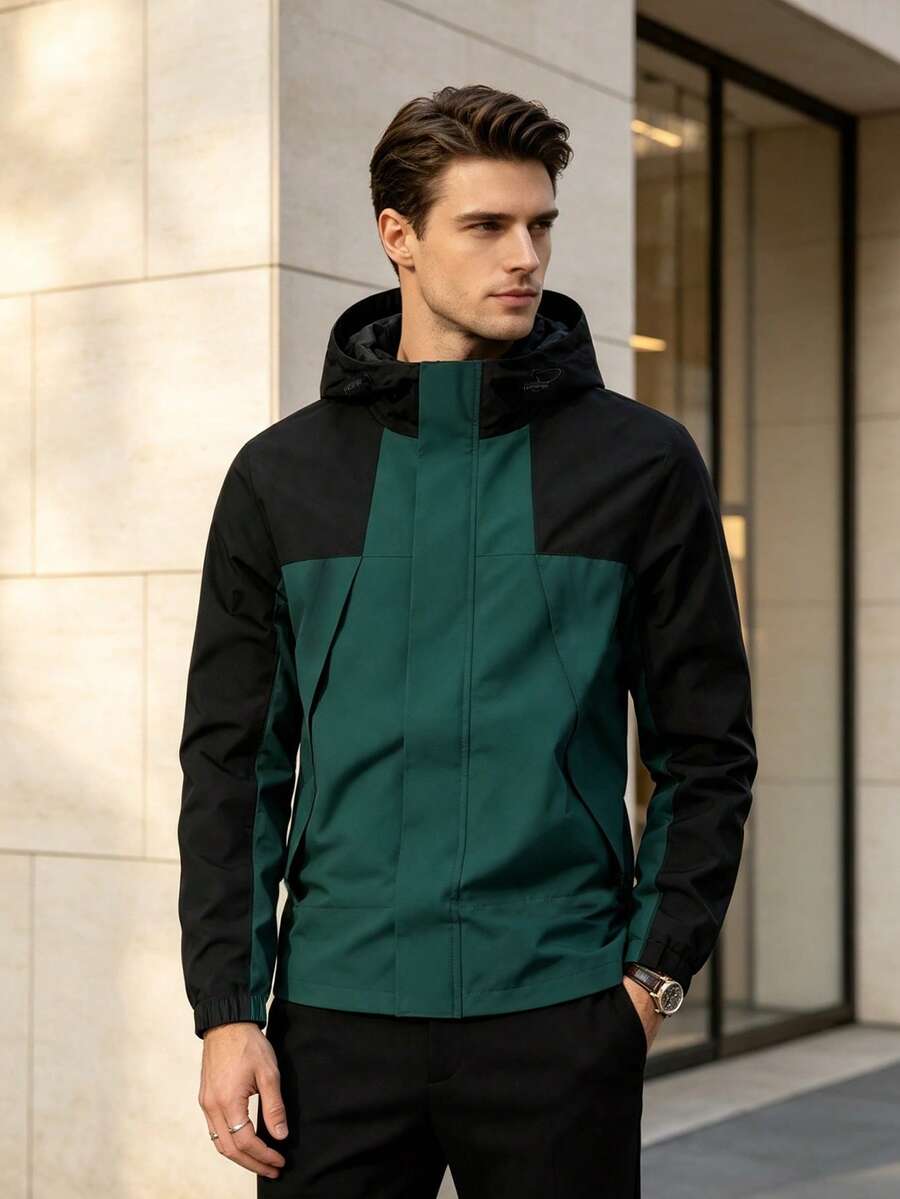Men's Plus Size Colorblock Long Sleeve Hooded Jacket, Spring/Autumn - Dark Green - View 1