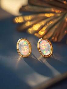 Tsnamer Minimalist Oval Opal Stud Earrings, White Opal Gemstone, Simple Geometric Jewelry, Fire Opal Mother's Day Gift - Yellow Gold - View 6