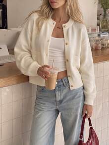 Women Fall Off White Knit Cardigan, Round Neck Gold Button Front Long Sleeve Sweater With Pockets For Daily Casual Outfits - Apricot - View 7