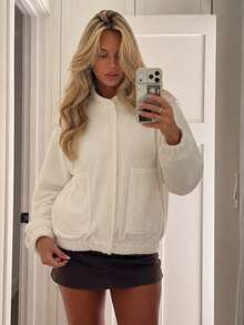 Women Stand Collar Fleece Cropped Jacket, Hidden Button Front Pockets Loose Fit Warm Outerwear For Halloween Christmas Party Fall Winter Daily - White - View 1