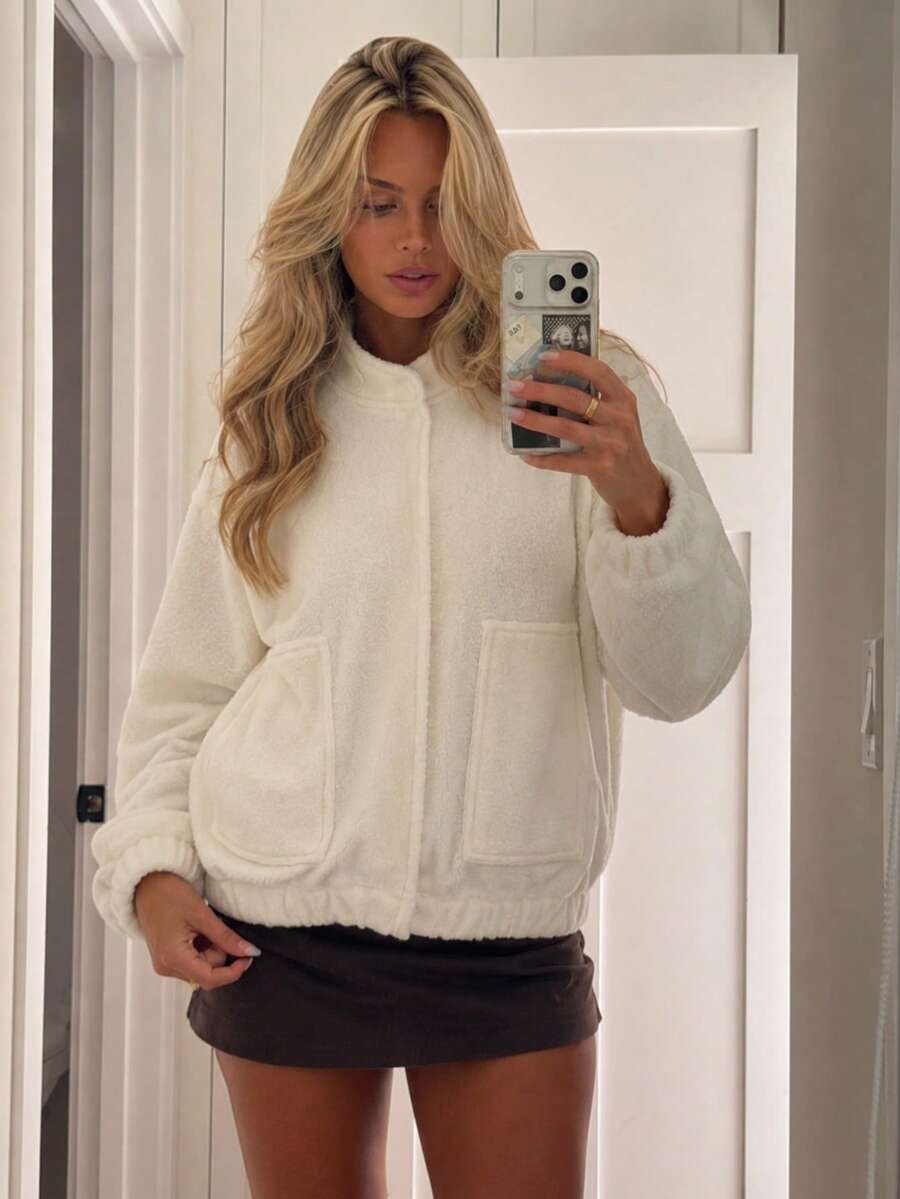 Women Stand Collar Fleece Cropped Jacket, Hidden Button Front Pockets Loose Fit Warm Outerwear For Halloween Christmas Party Fall Winter Daily - White - View 1