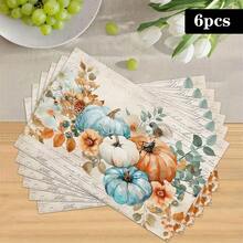 1/4/6pcs Autumn Series Blue & Orange Floral Pumpkin Pattern Printed Placemats, Heat-Resistant Table Mat For Home Kitchen, Table Protection, Kitchen Dining Table, Party Scene Decoration - Multicolor - View 14