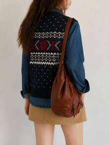 Women's Autumn/Winter Minimalist Casual Nordic Style Geometric Pattern Knit Pullover Sweater Vest - Navy Blue - View 2