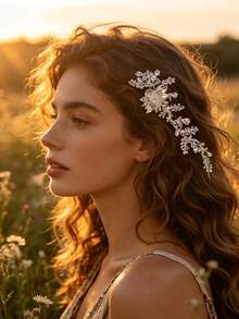 3pcs Bohemian Style Rhinestone Flower & Leaf Hair Accessories Bridal Side Headpiece For Wedding Styling - Silver - View 1