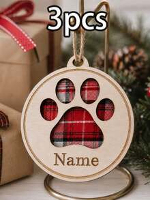 Custom Paw Print Christmas Ornament With Name, Personalized Wooden Pet Tree Decor, Rustic Plaid Holiday Style, Customized Christmas Hanging Ornament, Customizable Name Keepsake, Christmas Tree Decoration, Pet Lover Holiday Gift, Family, Friend - Multicolor - View 10