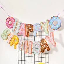 This 28-Piece Party Decoration Set Features A Donut Theme And Includes 15 Pennants, 12 Small Props, And 1 Large Prop. It Is Perfect For Decorating And Serving As A Photo Backdrop For A Dessert-Themed Birthday Party. - A - View 4