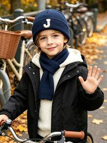 1pc Children's Knitted Hat, Optional A-Z Letter Pattern, Windproof, Suitable For Outdoor, 3-8 Years Old, Cute Daily Style, Unisex Warm Winter Knitted Hat - Navy Blue - View 2