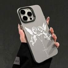 HANCAI 1pc Vintage Black & White Little Angel Cross Rosary Print Large Window Phone Case, Cool Subculture Full Coverage Anti-Drop Soft Shell, Suitable For IPhone17/17Pro/17ProMax/16/16Plus/16ProMax/16e/15ProMax/11/12/12Pro/12ProMax/13/13Pro/13ProMax/14/14Pro/14ProMax, Ins Dark Style Phone Protective Cover - Black Frames In a Translucent Gray - View 5