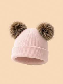 1PC Kids Solid Color Double Pom Pom Basic Cuffed Knit Hat, Multiple Color Options For Fashion Matching, Soft And Elastic Suitable For Autumn/Winter Multiple Occasions, Fits Both Boys And Girls - Multicolor - View 9
