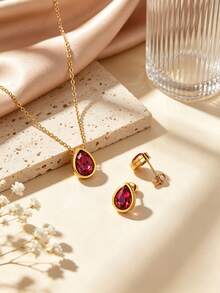 3pcs Minimalist Fashion Elegant Style Water Drop Glass Design Stainless Steel Women Jewelry Set Suitable For Women Daily Wear/Party/Evening/Wedding/Holiday Gift - Golden Yellow - View 1