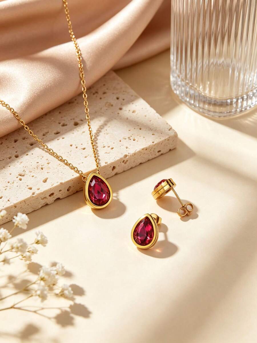 3pcs Minimalist Fashion Elegant Style Water Drop Glass Design Stainless Steel Women Jewelry Set Suitable For Women Daily Wear/Party/Evening/Wedding/Holiday Gift - Golden Yellow - View 1