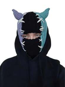 1pc Multicolor Demon Horn Knitted Balaclava Halloween Patchwork Contrast Color Full Face Mask Y2K Gothic Party Cosplay Unisex Warm Face Cover Hat - Multicolor - View 6
