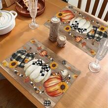 1/4/6pcs Autumn Series Plaid Bow Pumpkin Sunflower Pattern Printed Placemats, Heat-Resistant Table Mats For Home Kitchen/Dining Table Protection, Party Decor - Multicolor - View 5