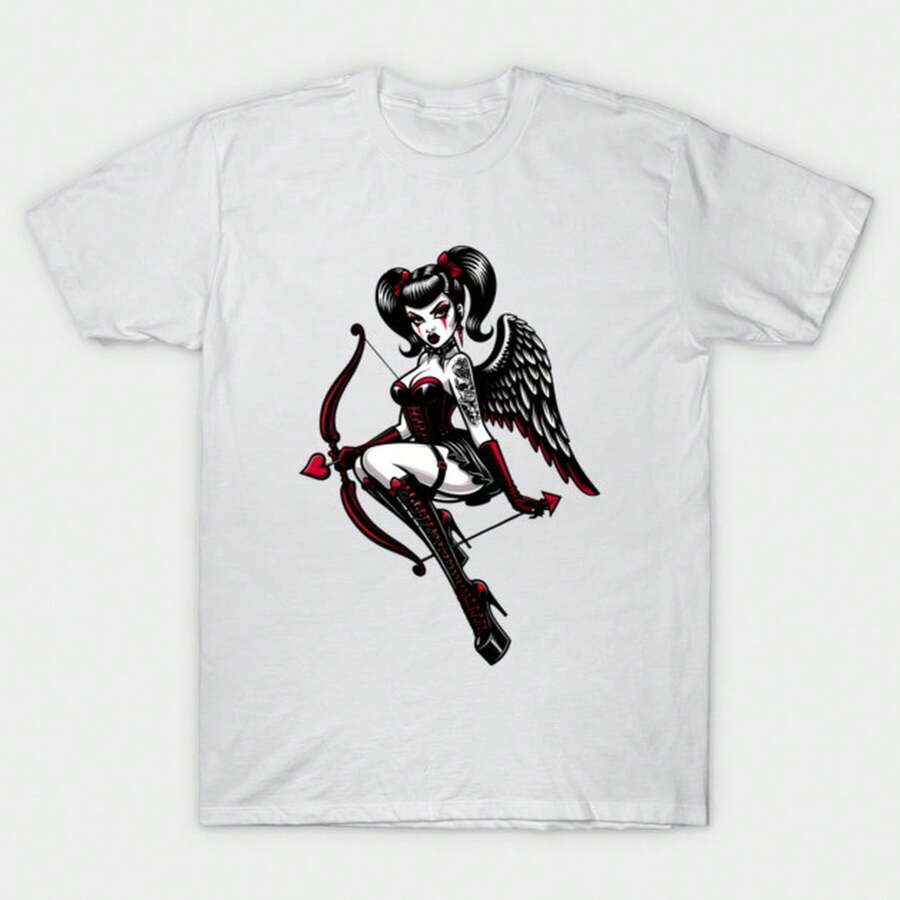 Unisex-Sommer/Herbst T-Shirts -Gothic Cupid Pin-Up Girl T-Shirt-Streetwear,Y2k,Herren,Pasha Stil,Herbst Outfit,Essentials,Baumwolle Herren,Vintage,Pe - Weiss - Übersicht 1