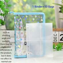 Fresh Laser Heart A5 Transparent Zipper 6-Ring Binder + 10pcs 2-Slot Pocket Set, Suitable For Daily Storage Of Various Items - Black - View 10