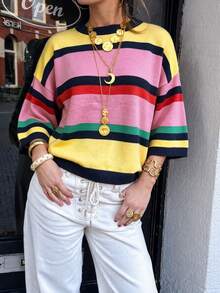 Women's New Autumn Colorblock Striped Knit Top, Casual Daily Commute, Preppy Style - Yellow and Pink - View 8