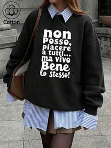 Women Cotton Crew Neck Loose Sweatshirt For Autumn With White Letter Print And Layered Shirt Hem, Casual Street Sport Style - Black - View 1