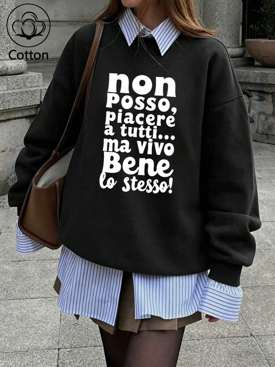 Women Cotton Crew Neck Loose Sweatshirt For Autumn With White Letter Print And Layered Shirt Hem, Casual Street Sport Style - Black - View 1