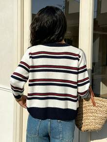 Women's Vintage Contrast Color Striped Long Sleeve Cardigan Round Neck Loose Drop Shoulder Versatile Knit Sweater - Multicolor - View 2