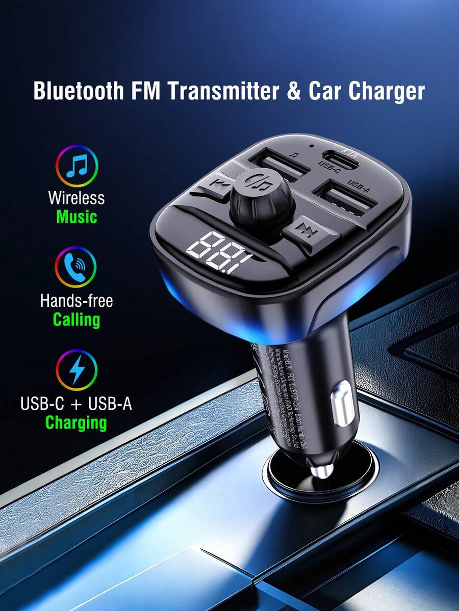 REMAX Car Bluetooth FM Transmitter, Supports Hands-Free Calling, Wireless Audio Adapter, MP3 Music Player, Supports USB Flash Drive, USB-C & USB-A Charging, Suitable For 12V-24V Vehicles With LED Display - C91 - View 1
