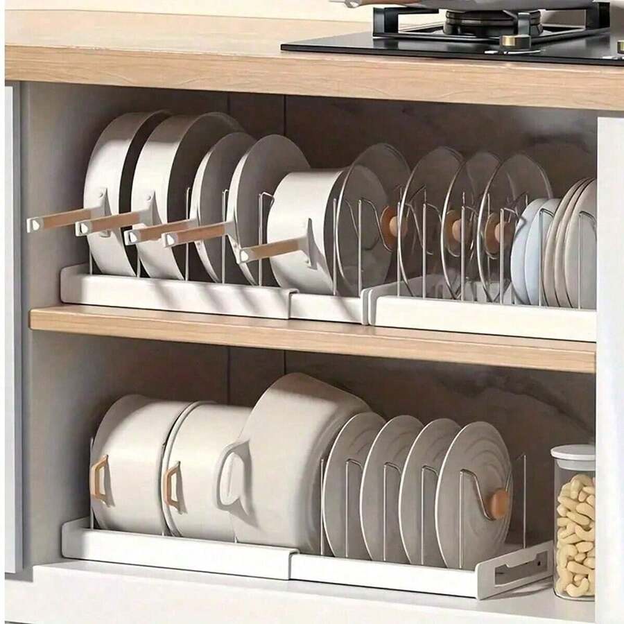 1 Piece Ultimate Kitchen Organizer - Space-Saving, Expandable Shelf With Pot Lid Holder, Cutlery Holder, Draining Rack And Pull-Out Drawer For A Tidy Cooking Surface