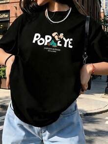 Urban Girl Vibe Cotton Loose Fit T‑Shirt, Vintage Character Graphic Short Sleeve Top For Student Daily & Weekend Festival Wear - Black - View 1
