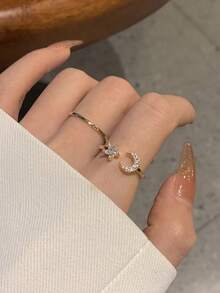 2件組金色優雅奢華小眾高端星月幾何時尚戒指，適合女性日常、度假與派對穿著 - 戒指兩件套 - 查看 1