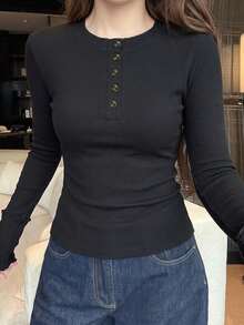 Women's Sexy Design Button Half-Open Collar Long Sleeve T-Shirt, Spring/Autumn Korean Style Fitted Base Layer Top - Black - View 2