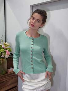 Fall/Winter Korean Style Green Long Sleeve Knit Cardigan Women's Slim Fit Single-Breasted Sweater Top - Mint Green - View 5