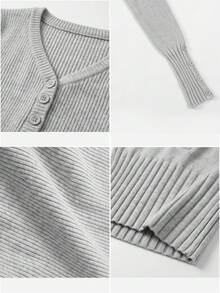 Korean Style Minimalist Sexy V-Neck Button Long Sleeve Knit Sweater Women Autumn/Winter Short Slim Fit Base Layer Top - Grey - View 8