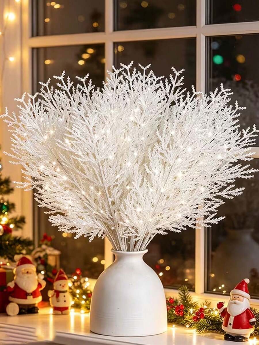 20pcs/Set Artificial White Pine Branches, DIY Realistic Flexible Faux Pine Needle Plant Stems, Suitable For Christmas Tree/Wreath Decoration, Christmas Tabletop, Vase Filler, Centerpiece, Fireplace, Holiday, Wedding, Party Decor - Multicolor - View 1