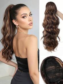 24 Inch Long Wavy Ponytail Extension For Women, Brown With Caramel Highlights Synthetic Hairpiece, Natural-Looking Drawstring Ponytail With Built-In Combs, Voluminous Curly Clip-In Hair Extension For Daily Wear, Parties, Cosplay And Halloween - Multicolor - View 13