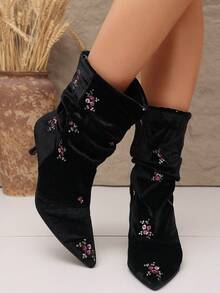 planare New Women's Elegant Black Velvet Embroidered Floral Ankle Boots, Slip-On Pointed Toe Kitten Heel Vintage Ruched Boots For Autumn/Winter Party - Black - View 6