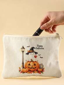 1pc, Cosmetic Bag, Multi-Scenario Universal, Ultra-Large Capacity, Ultra-Lightweight Portable, Versatile Practical, Halloween Pattern Printed Toiletry Bag, Thick Corduroy Toiletry Cosmetic Bag, Cosmetic Pouch, Large Capacity Toiletry Bag, For Lipstick, Brushes, Skincare, Phone, Coins, Small Items, For Home, Gift, Vacation And Holiday Multi-Functional Use Teenager Toiletry Storage Bag - Multicolor - View 3