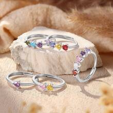 1pc Heart-Shaped Birthstone Ring, Minimalist Double Birthstone Ring, Customizable Stackable Ring, Christmas Gift, Gift For Mom, Birthday Gift For Her. - Silver - View 2