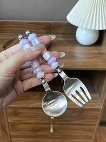 1件/2件 304不鏽鋼創意甜美風珠飾湯匙，下午茶甜點匙、水果叉，適用於餐廳、居家、派對、聚會 - 紫色 - 查看 17