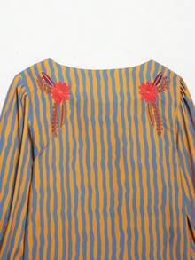 YROOE Women's Autumn/Winter Orange & Blue Vertical Striped Heavy Floral Embroidered Round Neck Front Open Petal Sleeve Short Vintage Jacket - Multicolor - View 8
