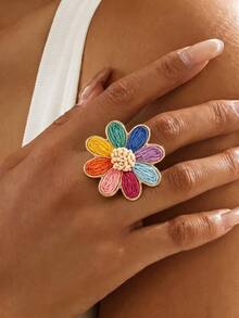 1pc Bohemian Style Woven Colorful Flower Adjustable Ring, Suitable For Women, Beach, Travel, Daily Wear, Outfit Matching - Color - View 1