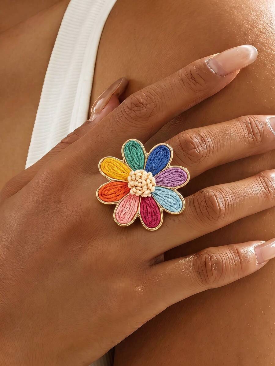 1pc Bohemian Style Woven Colorful Flower Adjustable Ring, Suitable For Women, Beach, Travel, Daily Wear, Outfit Matching - Color - View 1