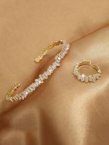 rakol 2pcs Fashionable Cubic Zirconia Asymmetrical Decoration Ring & Bracelet Set - Yellow Gold - View 11